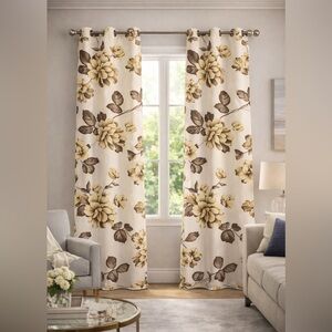 Floral Patterned Curtains in Cream and Brown 2 pieces